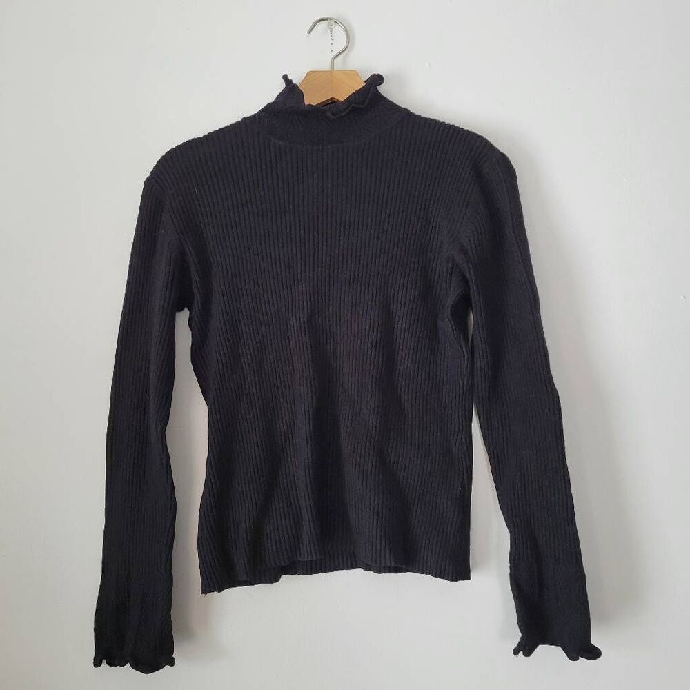 Petite Sophisticate Ribbed Mock Neck Top Women’s PL Black Stretch Knit Long Slee